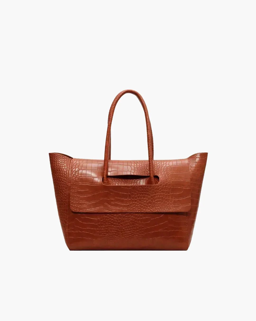 Brown crocodile pattern large tote handbag for women with double handles on white background