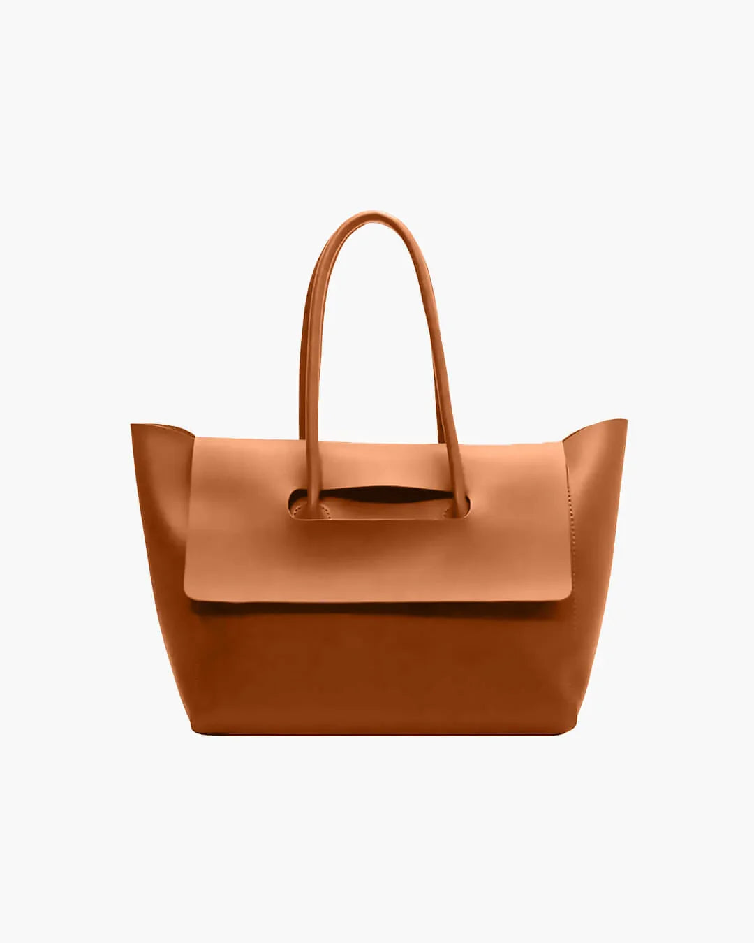 Large brown vegan leather tote purse with flap closure and double shoulder handles on white background