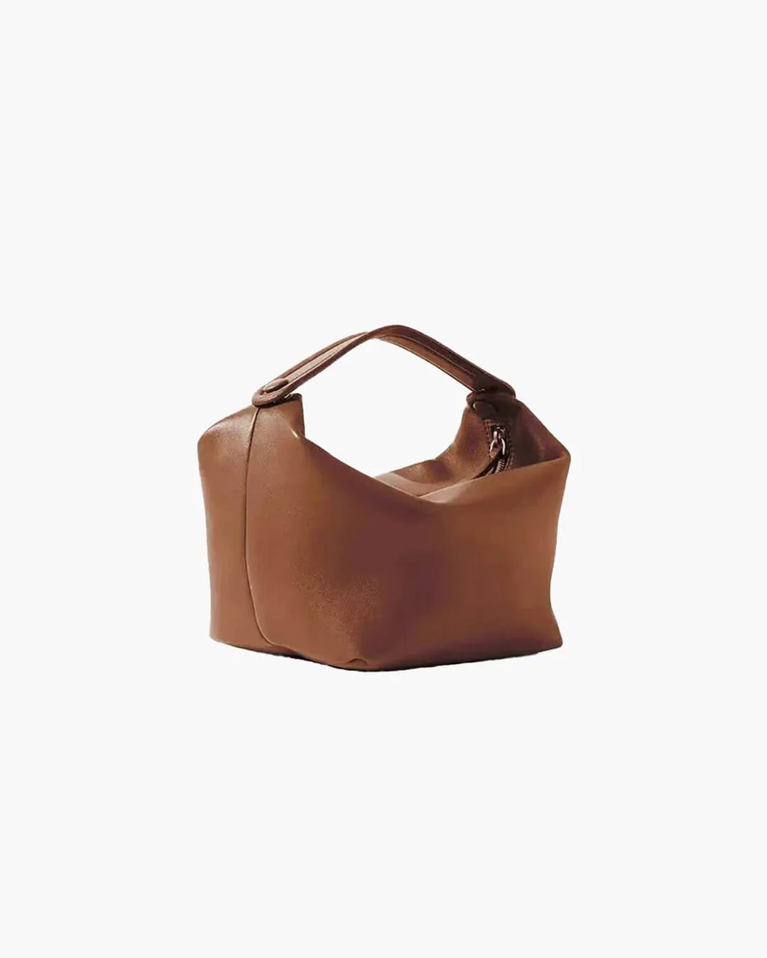 Brown genuine leather women's handbag with unique modern design on white background