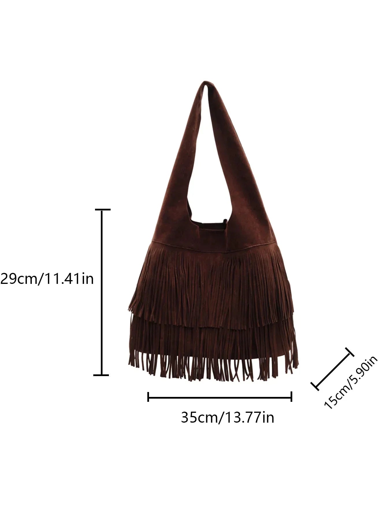Brown retro leather and velvet shoulder bag for women with tassel fringe, large capacity, shown with size dimensions.