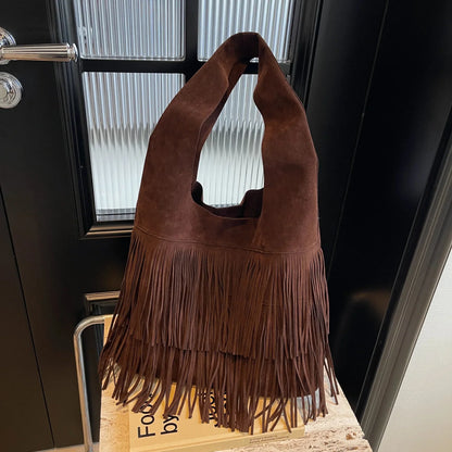 Dark brown retro leather and velvet shoulder bag with tassel fringe, large capacity