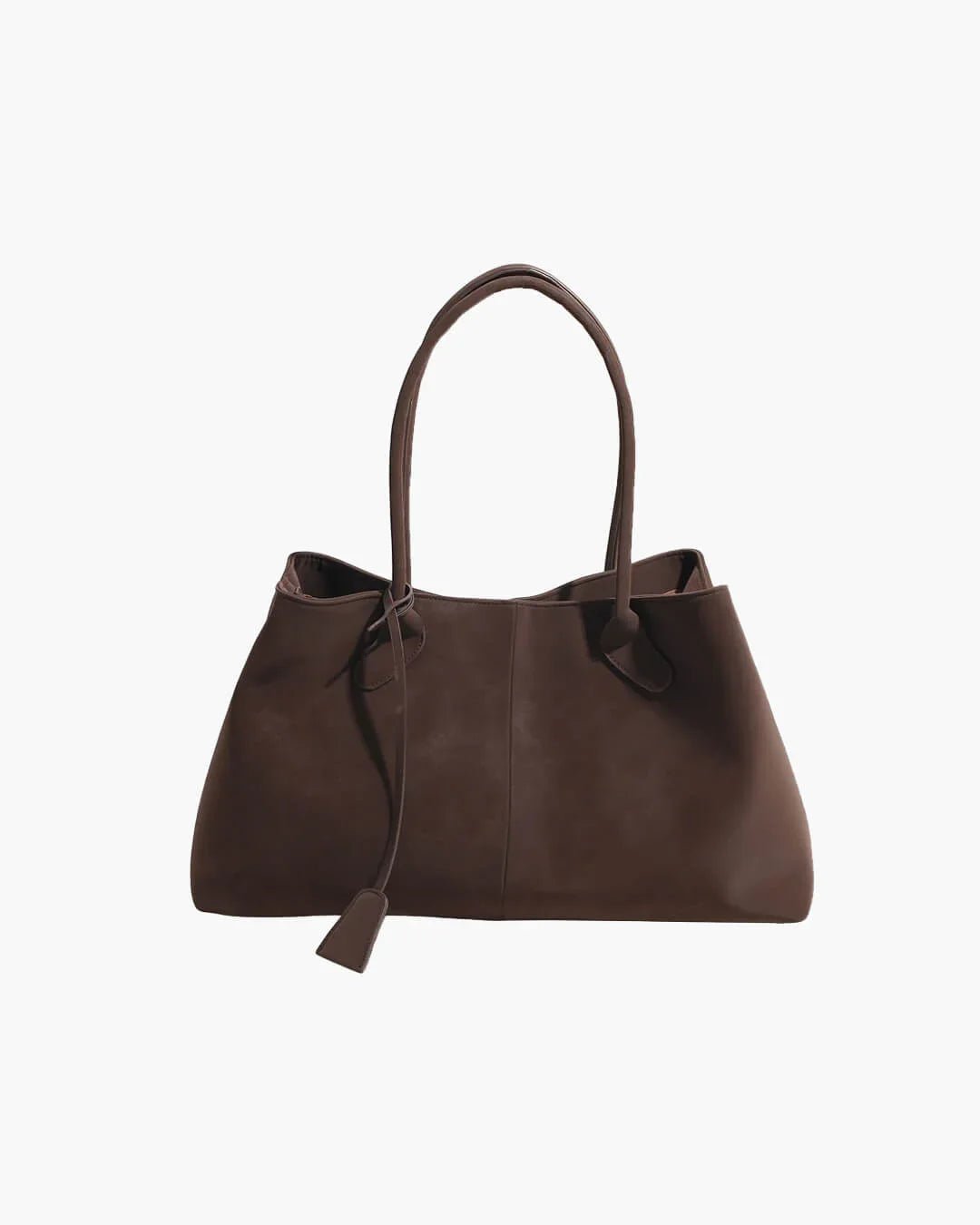 Large brown vegan suede handbag for women with dual handles and minimalist retro style