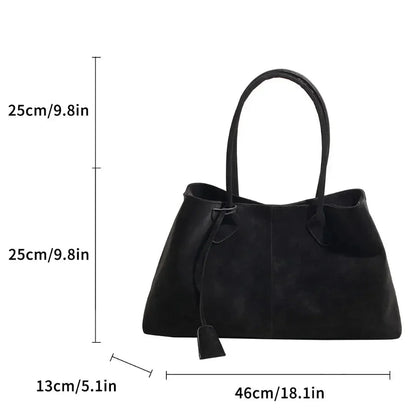 Large black vegan suede handbag for women, retro style, with dimensions labeled