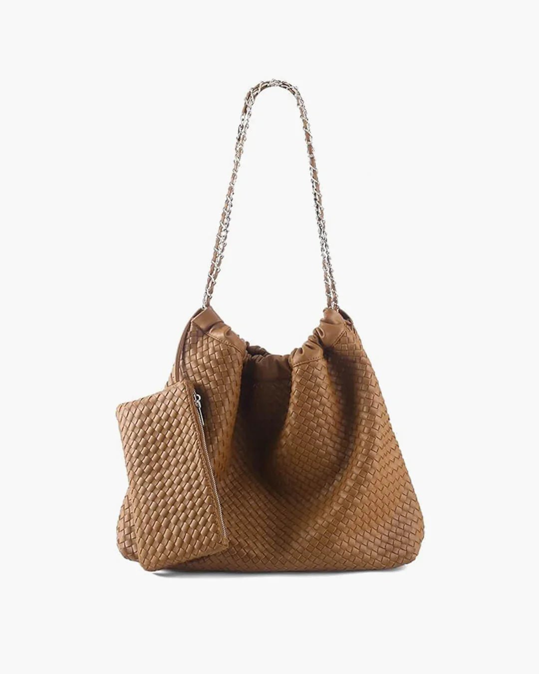 Brown woven leather shoulder bag with chain strap and matching zip pouch on white background