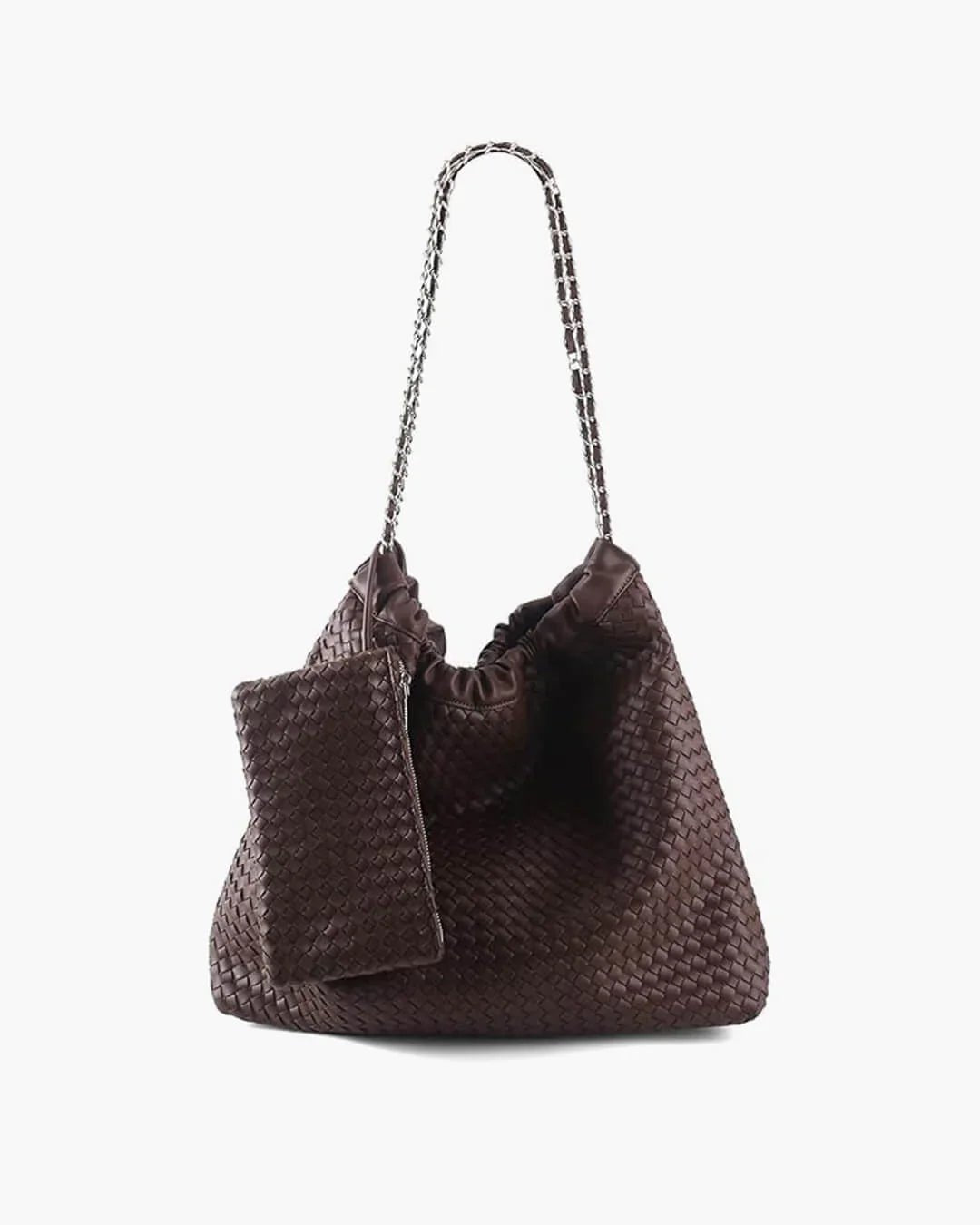 Woven brown leather shoulder bag with drawstring top and matching pouch on white background