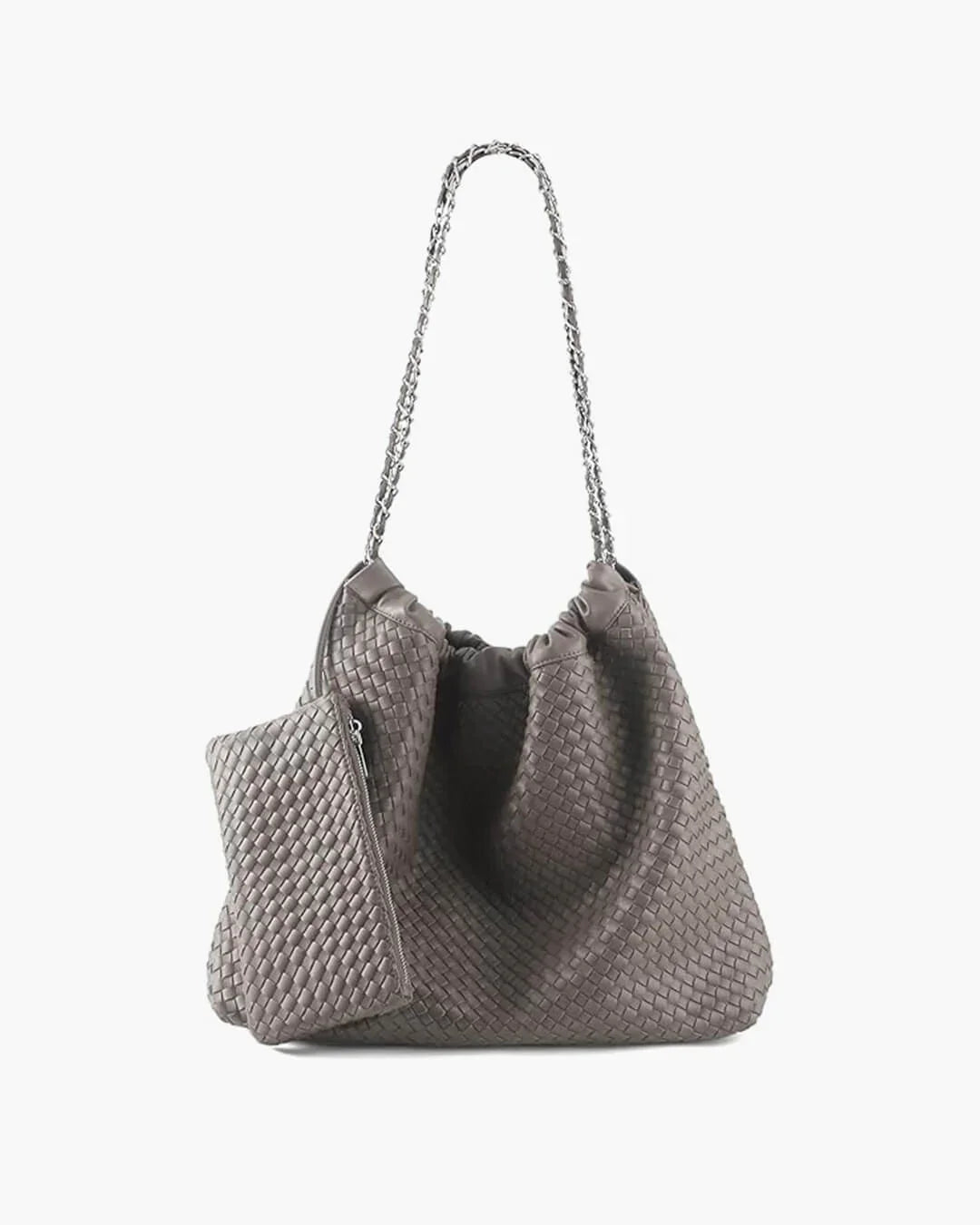 Light gray woven shoulder bag with pouch, chain strap, and drawstring top.