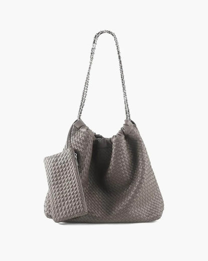 Light gray woven shoulder bag with pouch, chain strap, and drawstring top.
