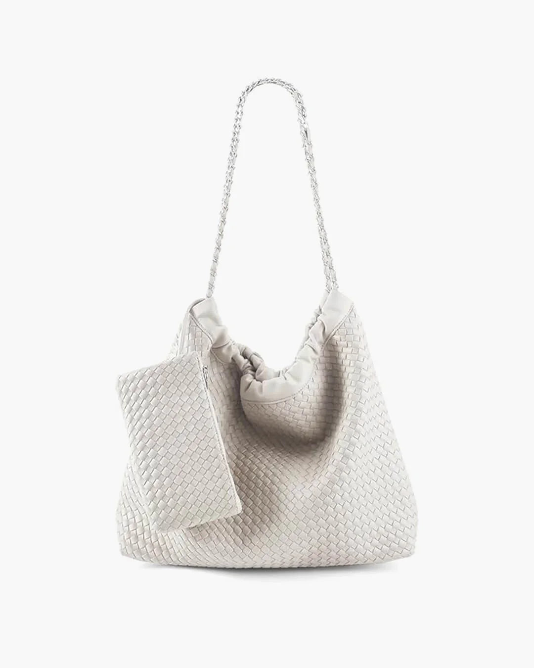 White woven shoulder bag with chain strap and matching pouch on white background