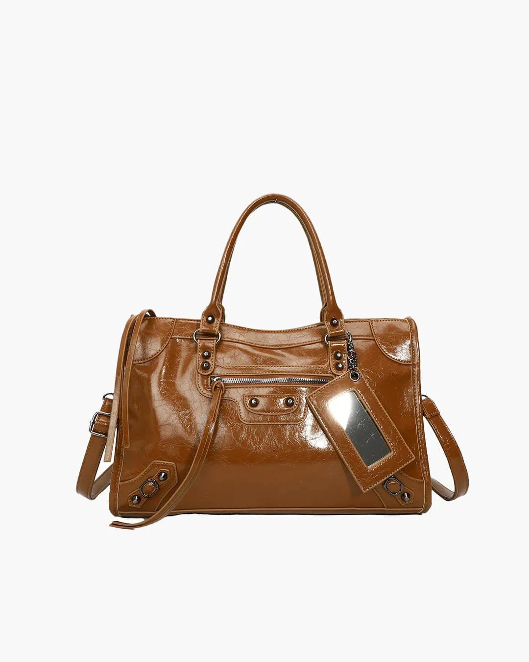 Dark brown stylish handbag with spacious interior, minimalist design, top handles, and shoulder strap