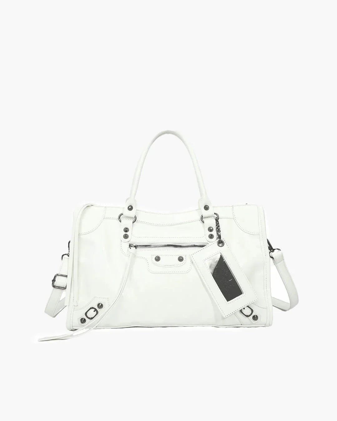 White minimalist handbag with spacious interior, top handles, and silver hardware details
