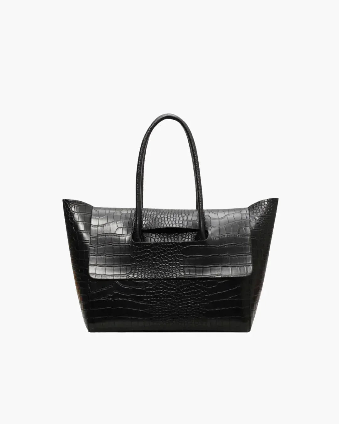 Black crocodile pattern large tote handbag for women with top handles on white background