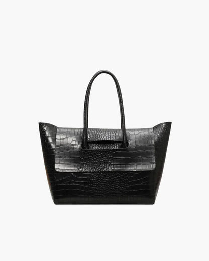 Black crocodile pattern large tote handbag for women with top handles on white background