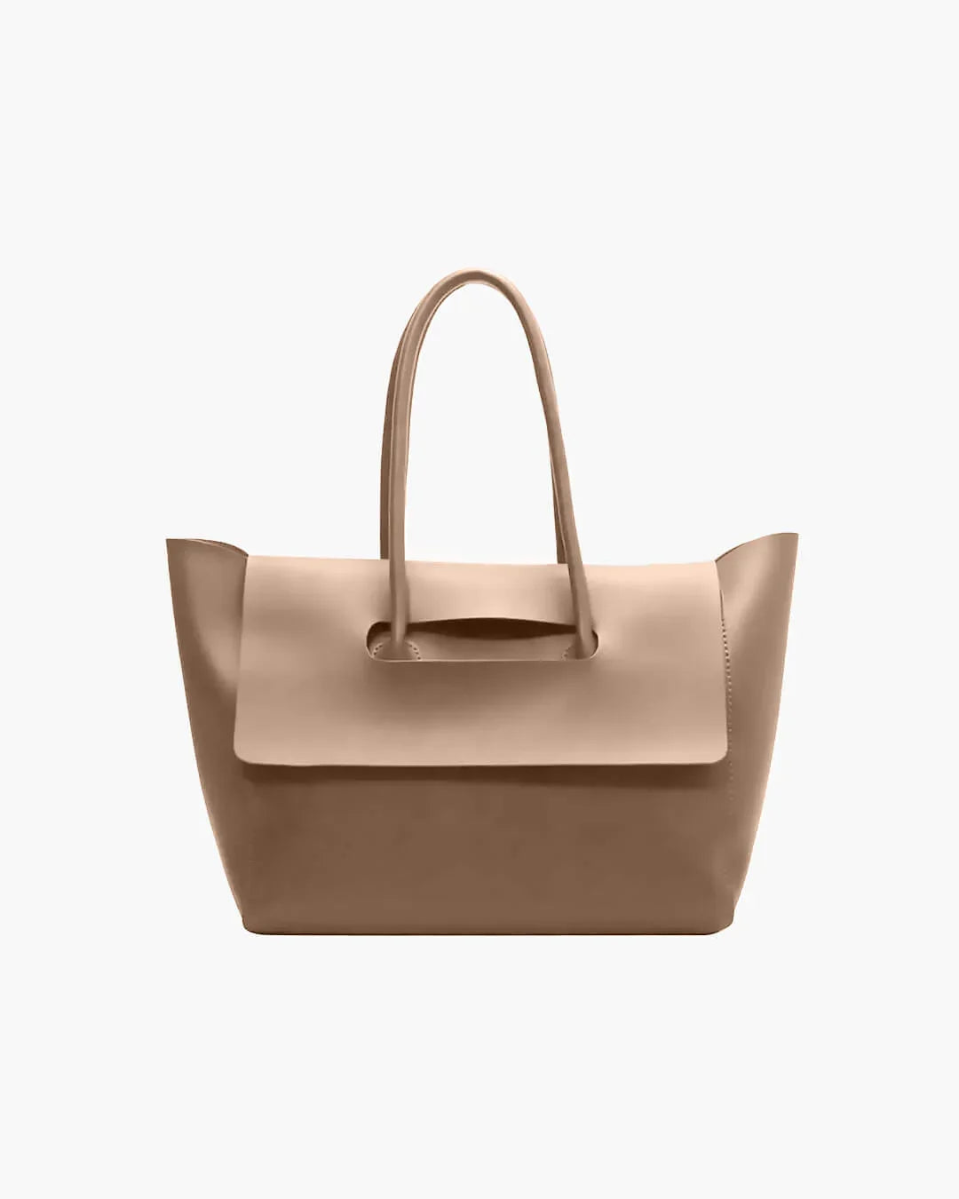 Beige vegan leather large shoulder tote purse with flap and twin handles on white background