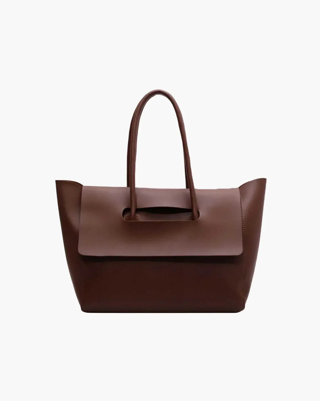 Dark brown vegan leather large tote bag with top handles and flap closure