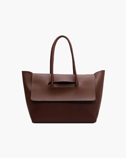 Dark brown vegan leather large tote bag with top handles and flap closure