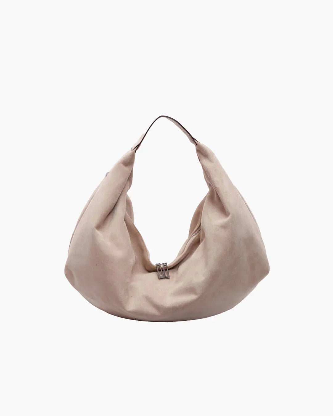 Beige suede hobo handbag with zipper, large capacity, single shoulder strap, on white background.