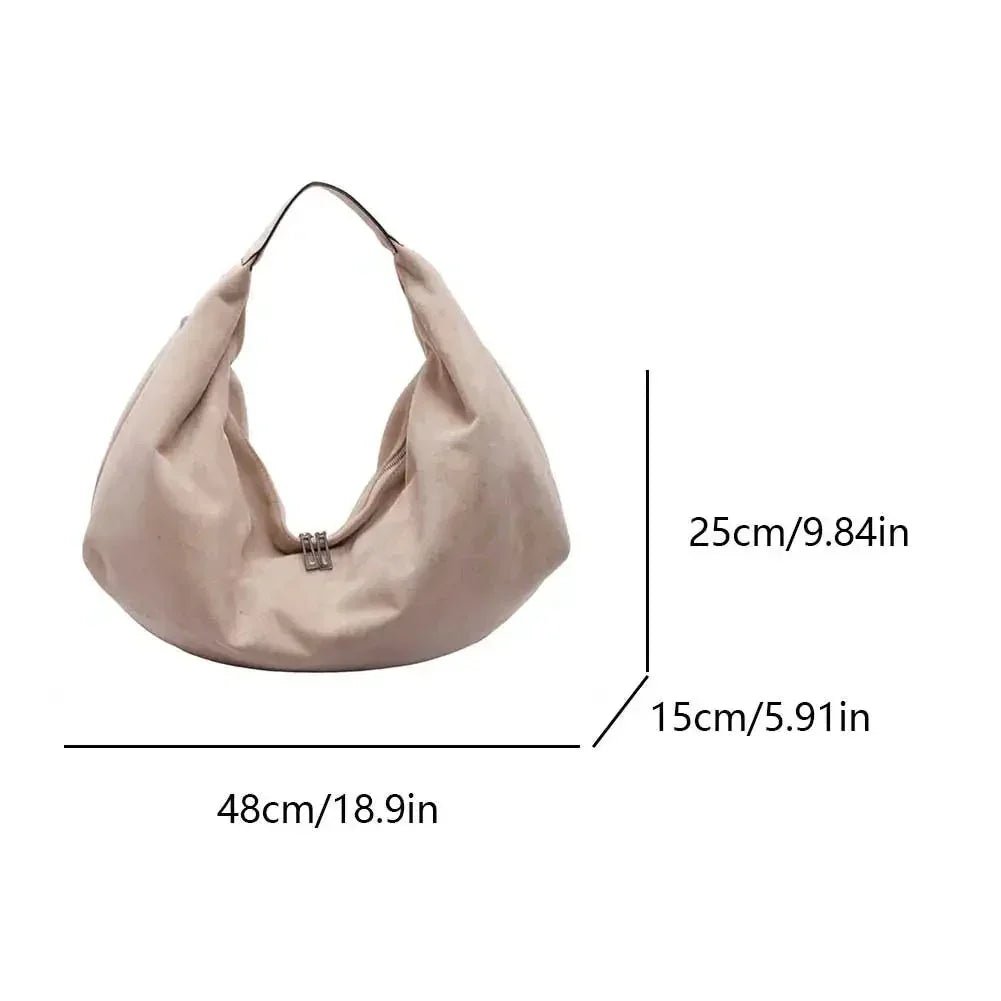 Large brown suede hobo handbag with zipper, shown with size dimensions for work and travel.