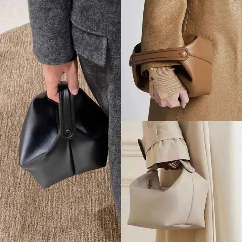 Three women's genuine leather handbags with unique geometric designs in black, brown, and beige, each shown being held by a model.